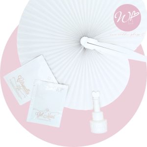 SET ACCESSORI: VENTAGLIO + RINFRESCANTE + ANTIZANZARE + BOLLA WEDDING CAKE