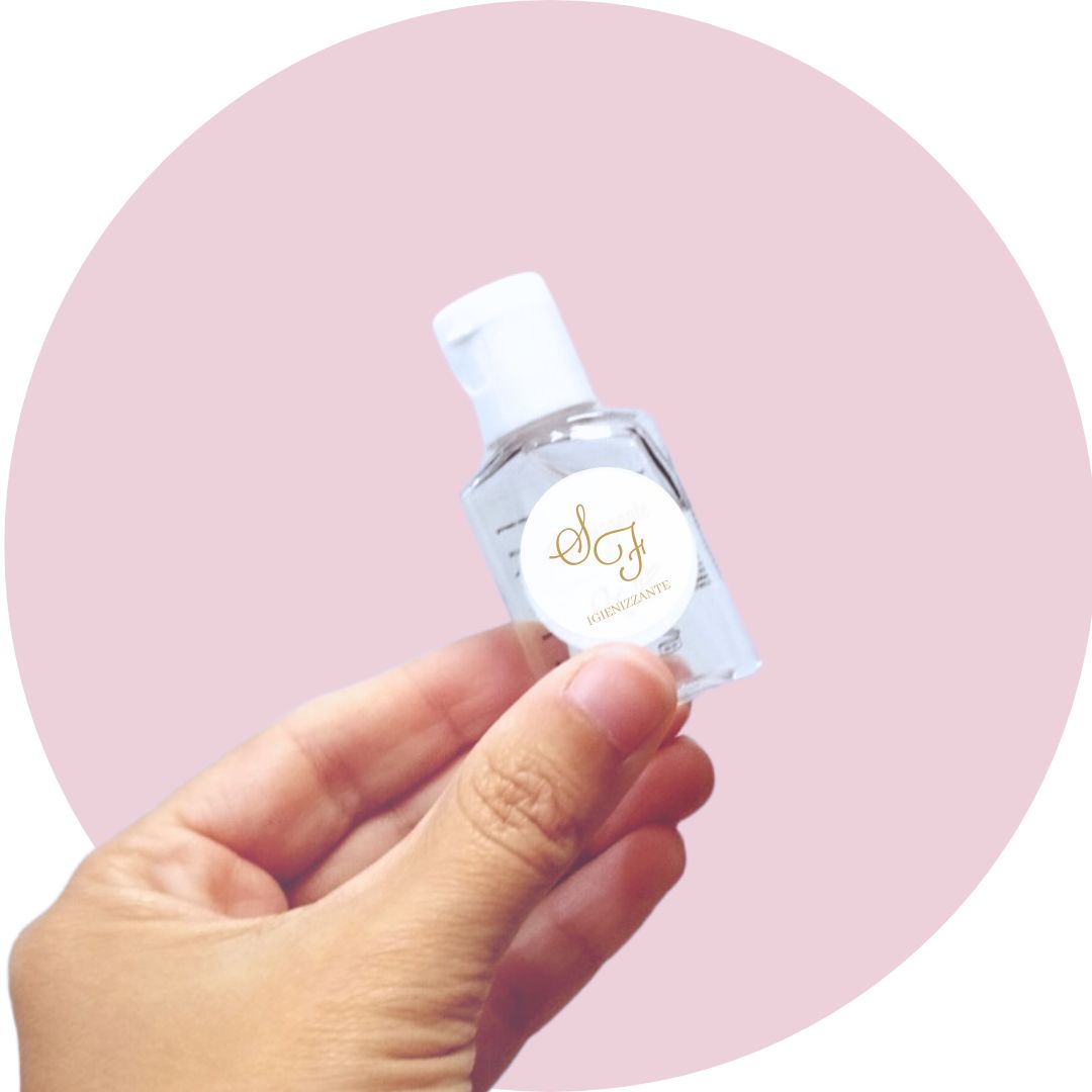 70pz MINI DISINFETTANTE MANI 15ML + ETICHETTA CON INIZIALI