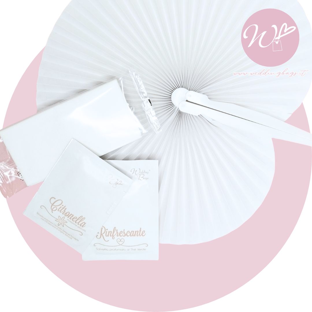 SET ACCESSORI: FAZZOLETTINI + RINFRESCANTE + ANTIZANZARE + VENTAGLIO